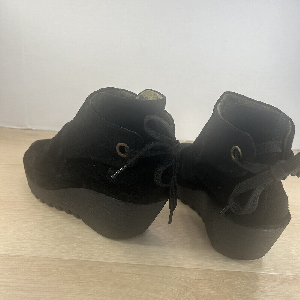 FLY London YEBI Black Suede Ruched Ankle Wedge Boots Tie-Back Womens 40 / 9-9.5 - Picture 4 of 12